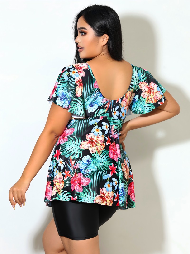 Plus Floral Print V-Neck Top With Drawstring And Boyshorts Black Swimwear Set